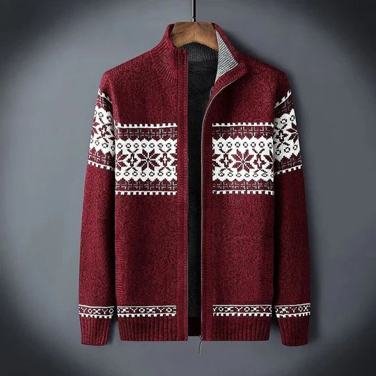 Men's nordic pattern full zip knit cardigan - red