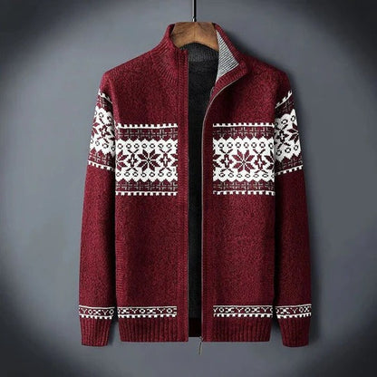 Men's nordic pattern full zip knit cardigan - red