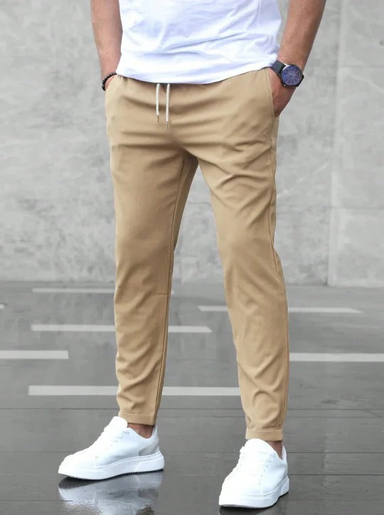 Men's stretch tapered pants with clean hem - beige
