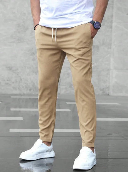 Men's stretch tapered pants with clean hem - beige