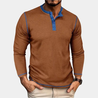 Men's long sleeve henley t-shirt with button placket - coffee