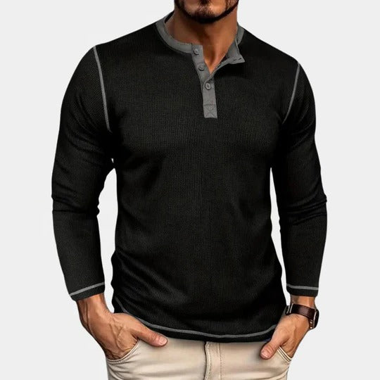 Men's long sleeve henley t-shirt with button placket - black