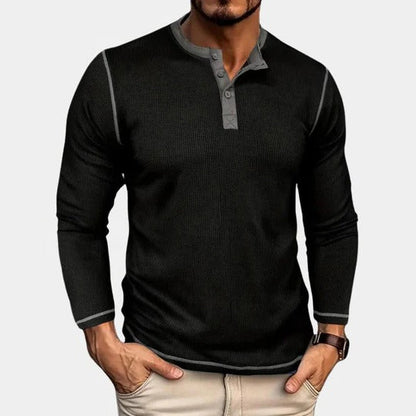 Men's long sleeve henley t-shirt with button placket - black