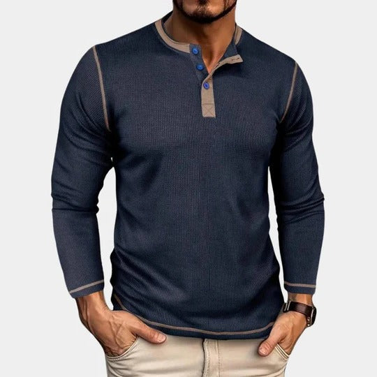 Men's long sleeve henley t-shirt with button placket - navy blue