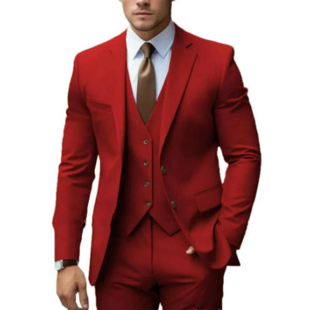 Men's three piece suit with notch lapel jacket - red