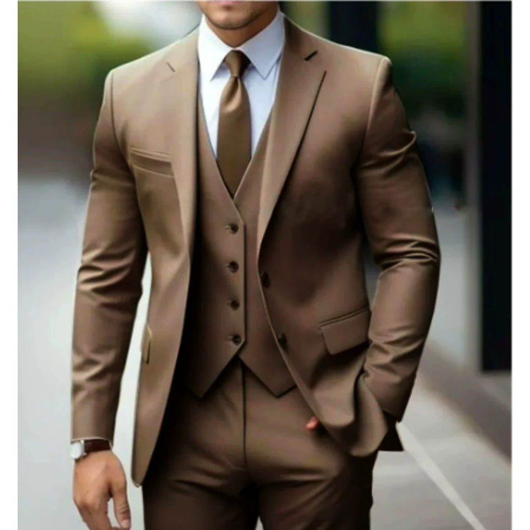 Men's three piece suit with notch lapel jacket - brown 1