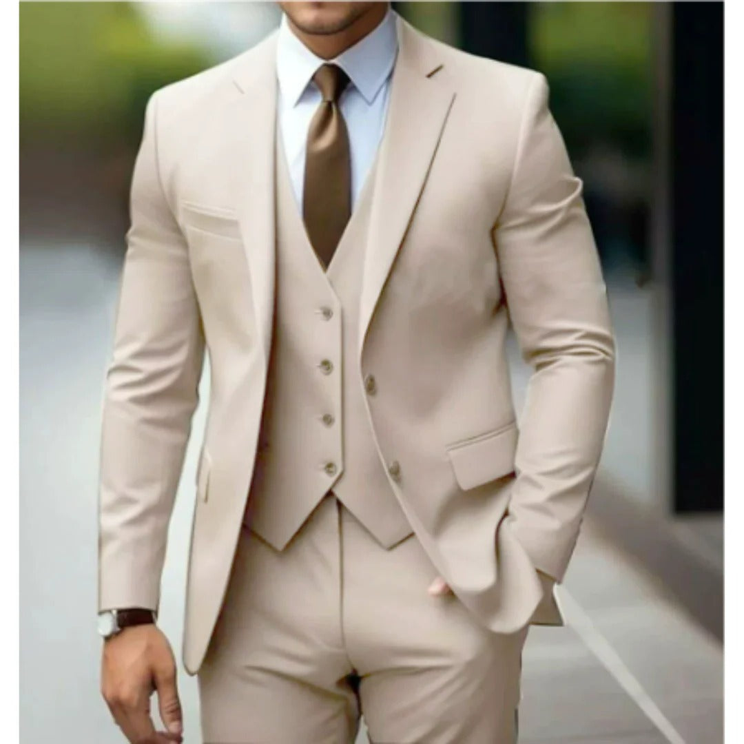 Men's three piece suit with notch lapel jacket - khaki