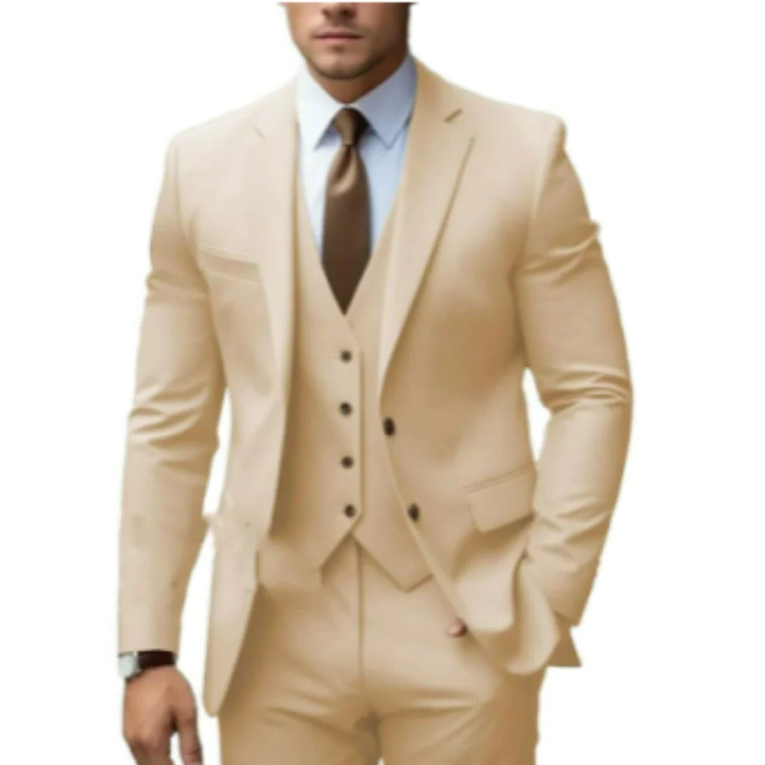 Men's three piece suit with notch lapel jacket - beige