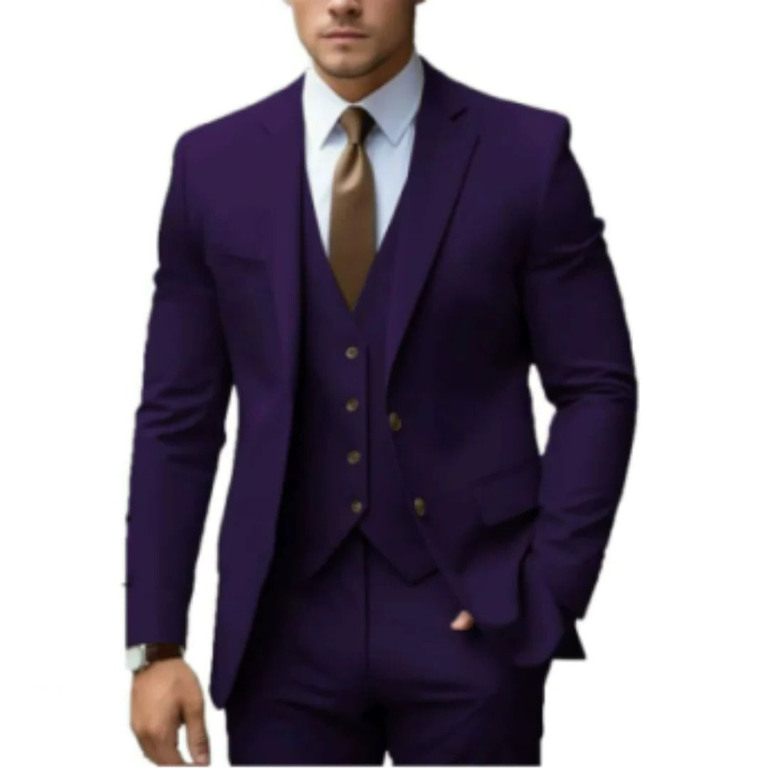Men's three piece suit with notch lapel jacket - purple