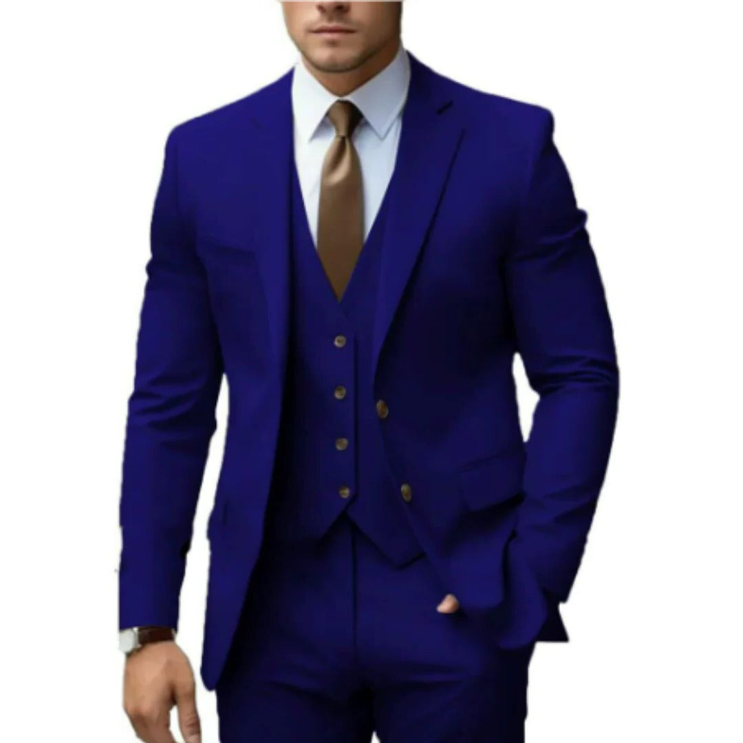 Men's three piece suit with notch lapel jacket - royal blue