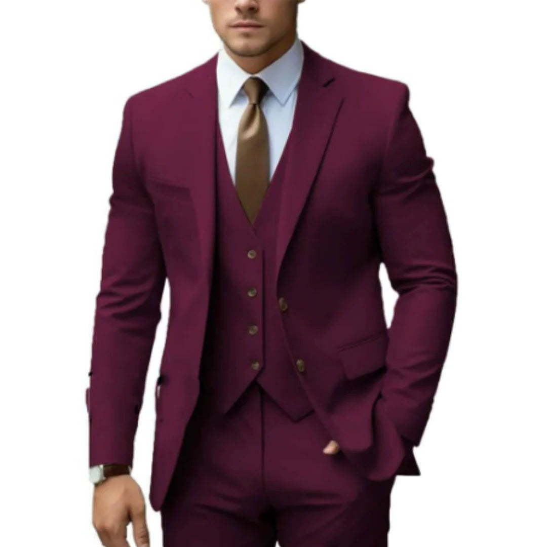 Men's three piece suit with notch lapel jacket - burgundy red