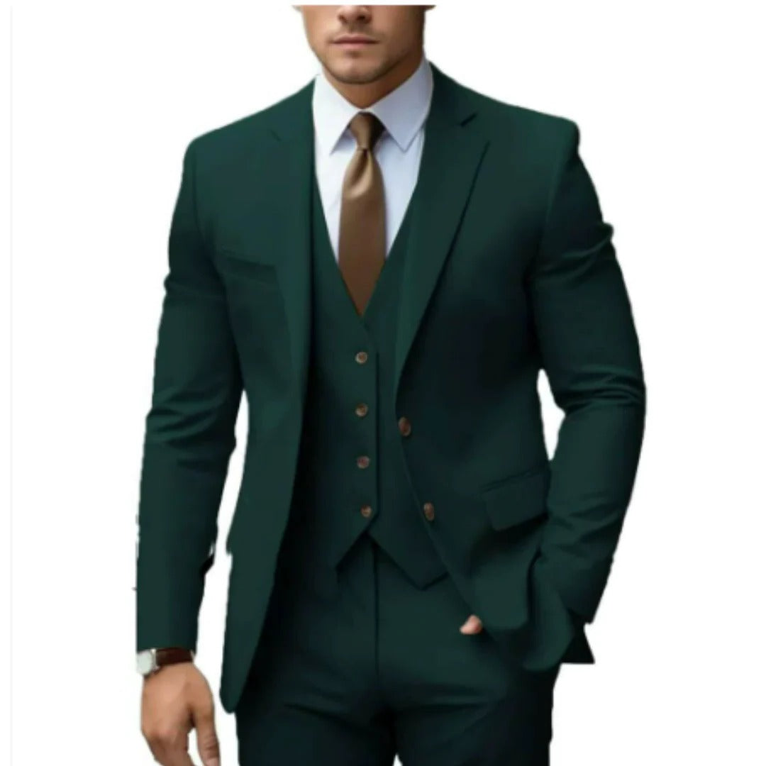 Men's three piece suit with notch lapel jacket - dark green