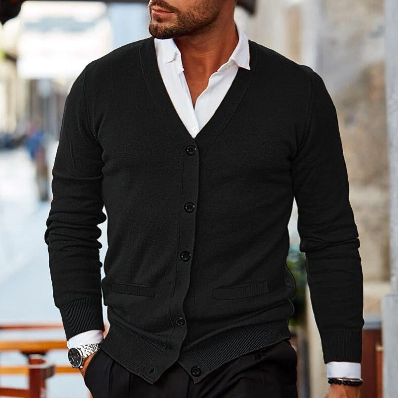 Button Front Knit Cardigan with V Neck for Men - black