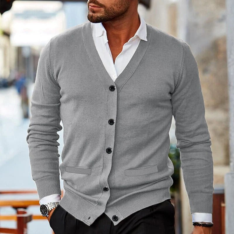 Button Front Knit Cardigan with V Neck for Men - gray