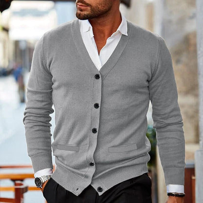 Button Front Knit Cardigan with V Neck for Men - gray