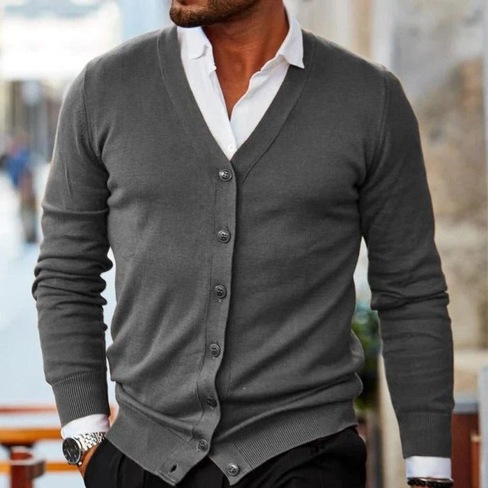 Button Front Knit Cardigan with V Neck for Men - dark grey