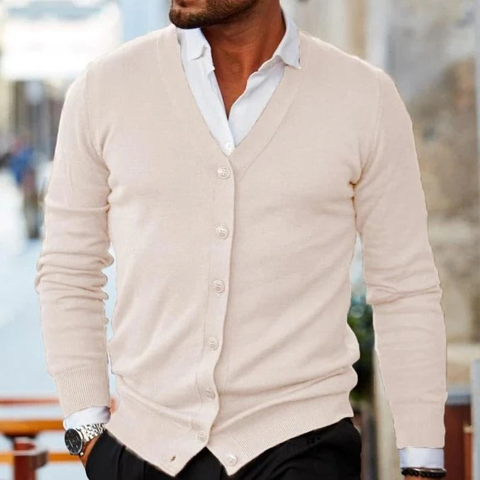 Button Front Knit Cardigan with V Neck for Men - beige