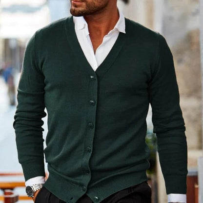 Button Front Knit Cardigan with V Neck for Men - dark green