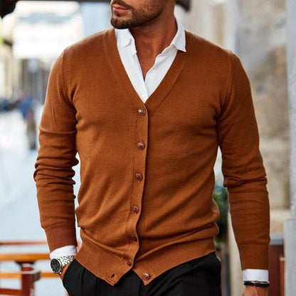 Button Front Knit Cardigan with V Neck for Men - brown