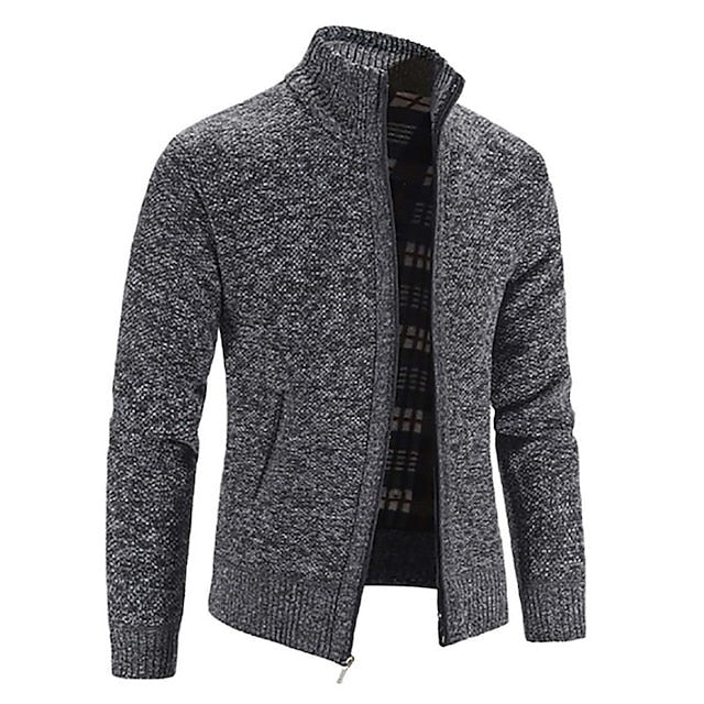 Men's textured zip knit cardigan with stand collar - dark grey