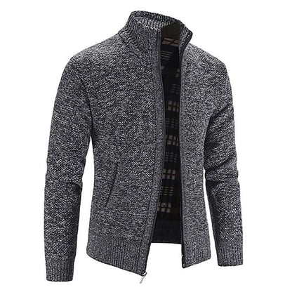 Men's textured zip knit cardigan with stand collar - dark grey