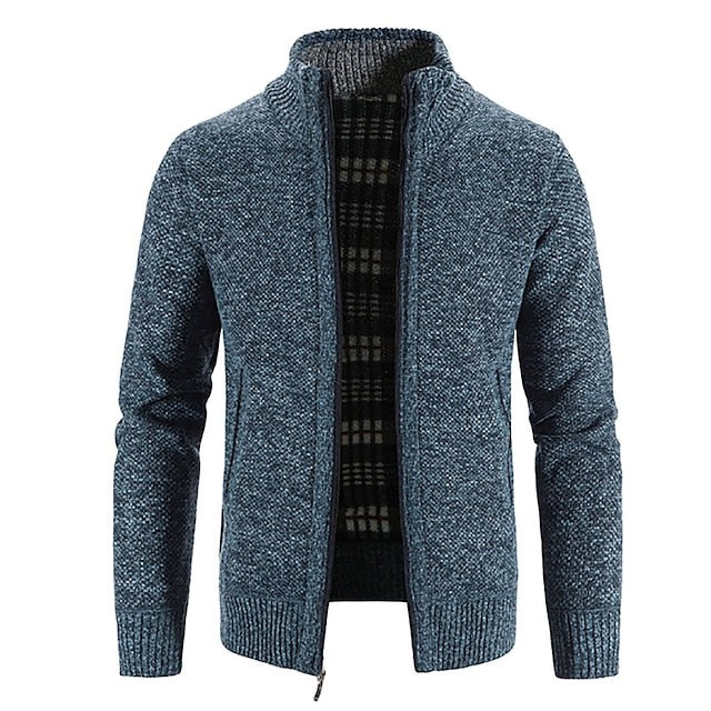 Men's textured zip knit cardigan with stand collar - blue