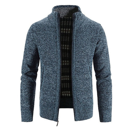 Men's textured zip knit cardigan with stand collar - blue