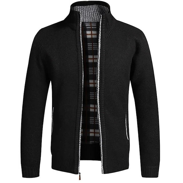 Men's textured zip knit cardigan with stand collar - black