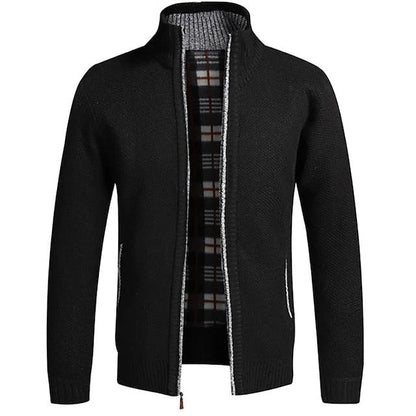 Men's textured zip knit cardigan with stand collar - black