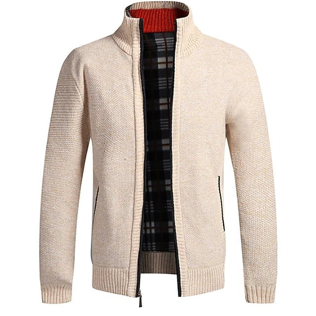 Men's textured zip knit cardigan with stand collar - beige