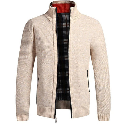 Men's textured zip knit cardigan with stand collar - beige