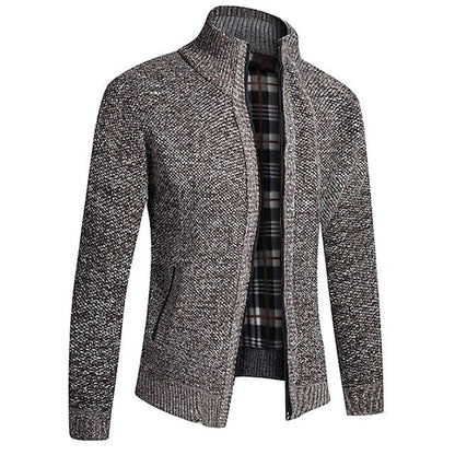 Men's textured zip knit cardigan with stand collar - light grey