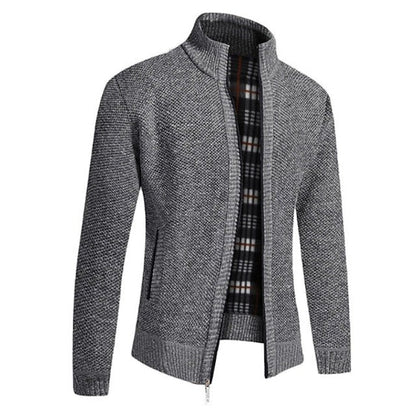 Men's textured zip knit cardigan with stand collar - gray