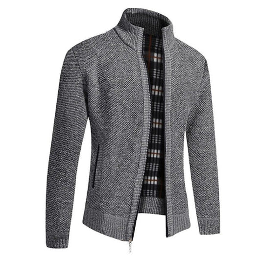 Men's textured zip knit cardigan with stand collar - gray