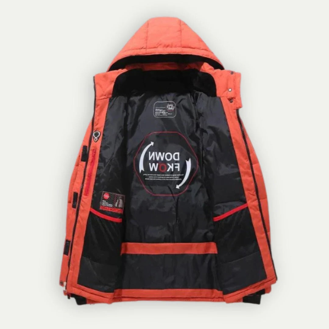 Men's hooded down jacket with elastic cuffs