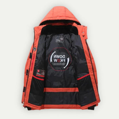 Men's hooded down jacket with elastic cuffs