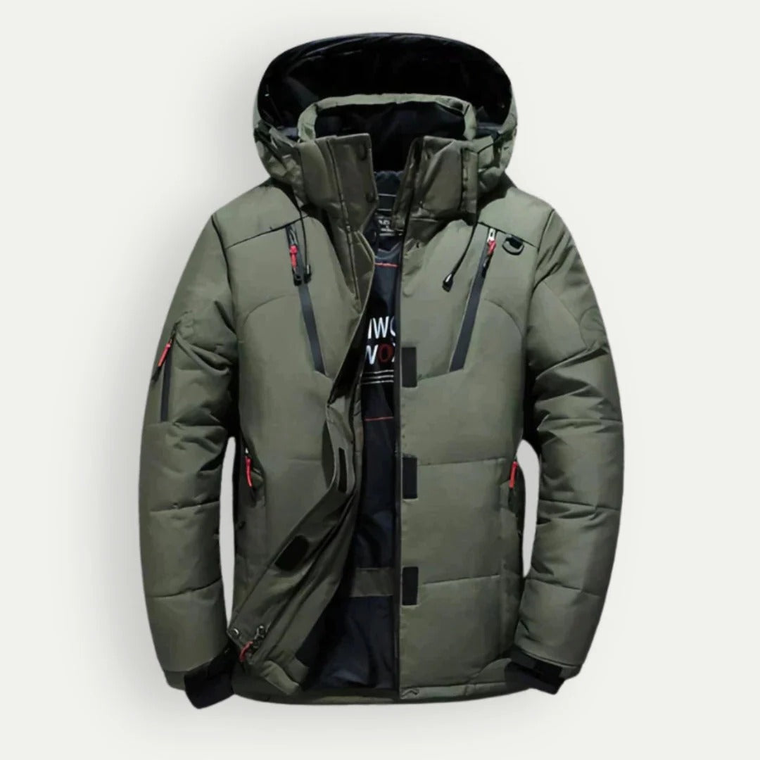 Men's hooded down jacket with elastic cuffs - green