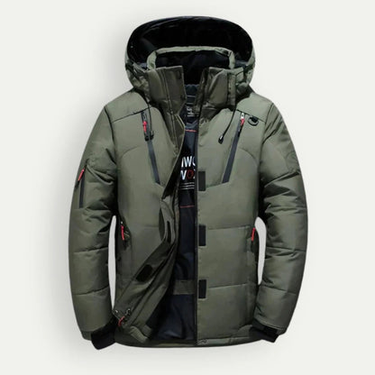 Men's hooded down jacket with elastic cuffs - green