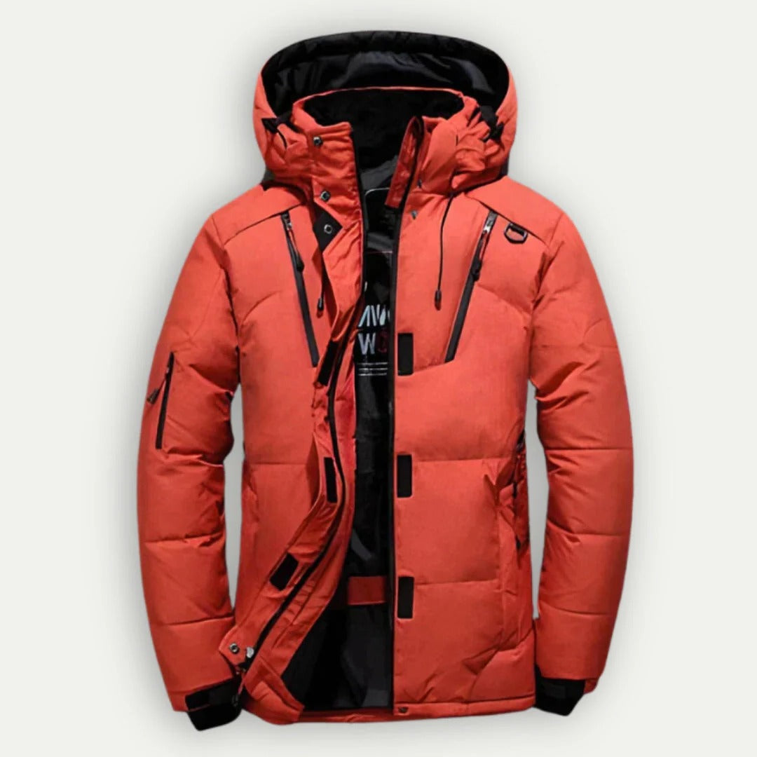 Men's hooded down jacket with elastic cuffs - orange