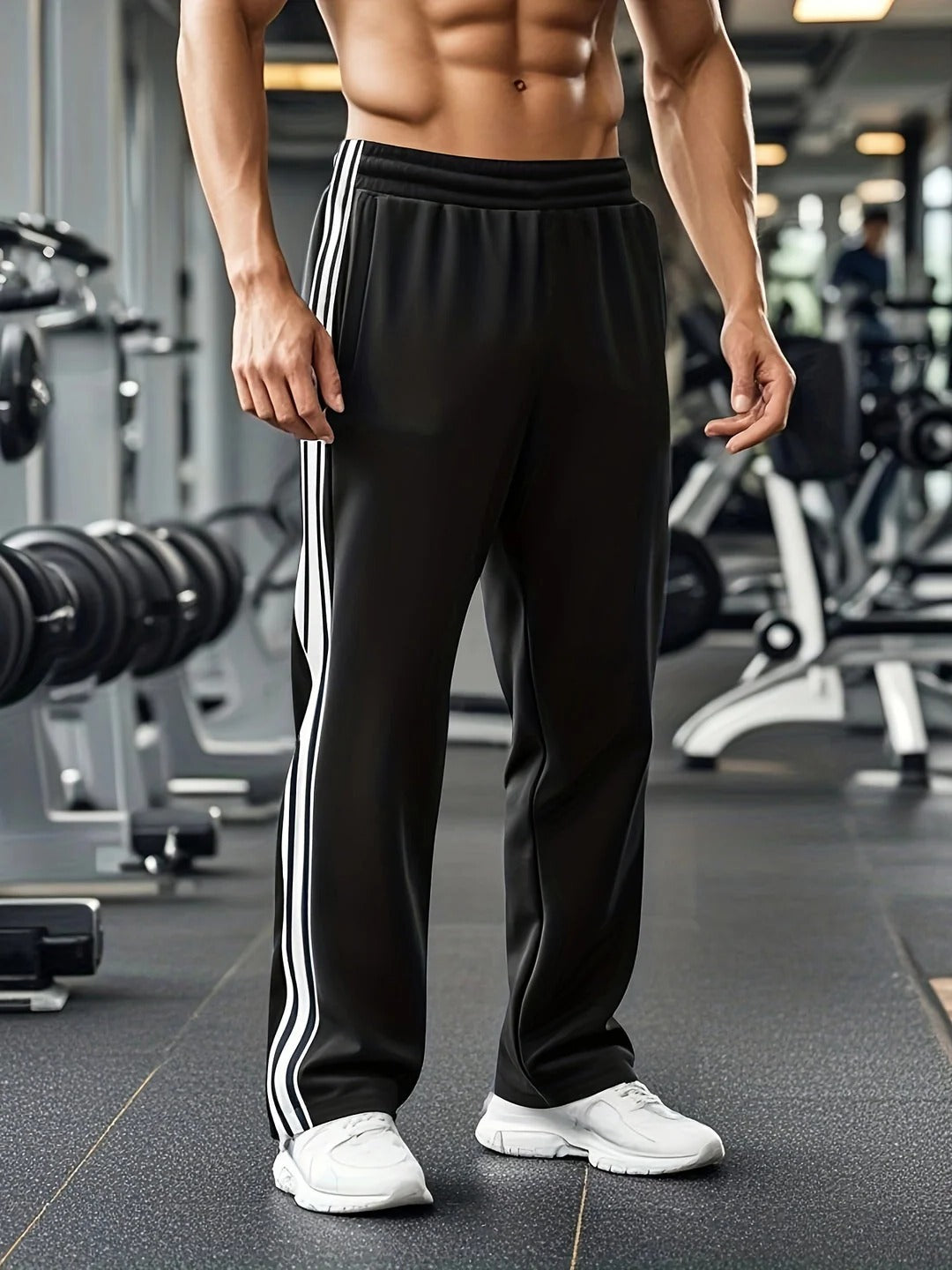 Sports Pants with Drawstring Waist and Side Stripe for Men - black