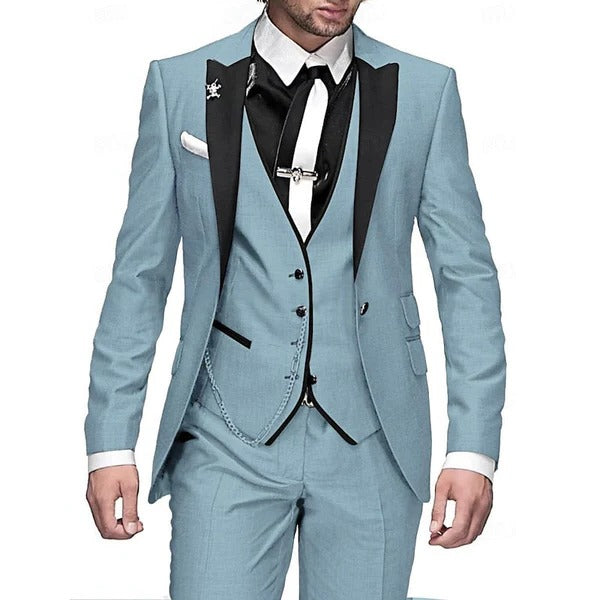 Men's three piece suit set with matching waistcoat - sky blue