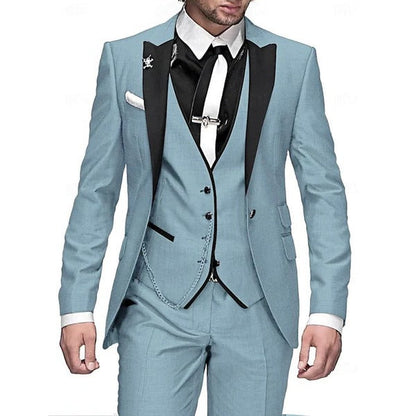 Men's three piece suit set with matching waistcoat - sky blue