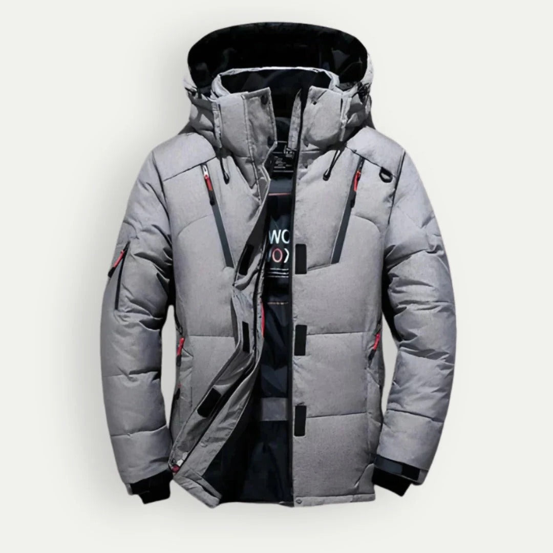 Men's hooded down jacket with elastic cuffs - gray