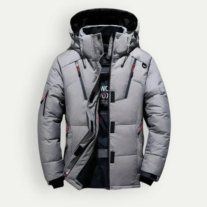 Men's hooded down jacket with elastic cuffs - gray
