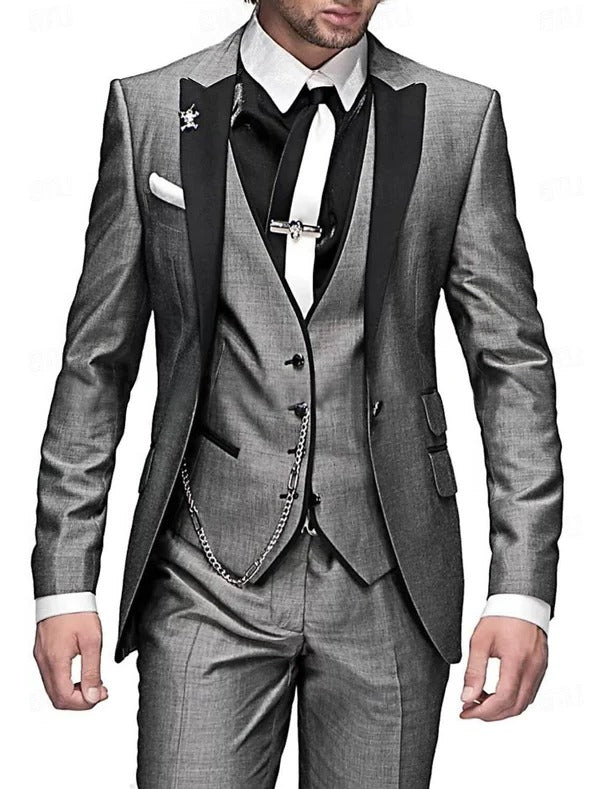 Men's three piece suit set with matching waistcoat - gray