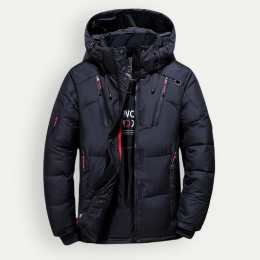 Men's hooded down jacket with elastic cuffs - black
