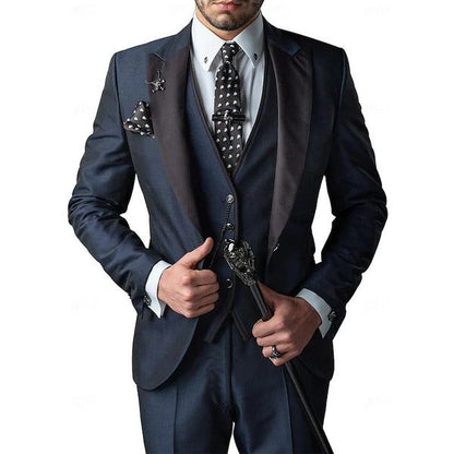 Men's three piece suit set with matching waistcoat - navy blue