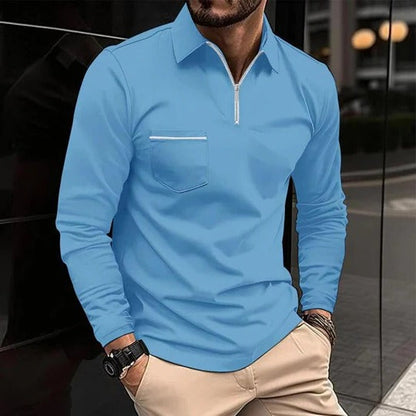Men's quarter zip long sleeve polo shirt - light blue