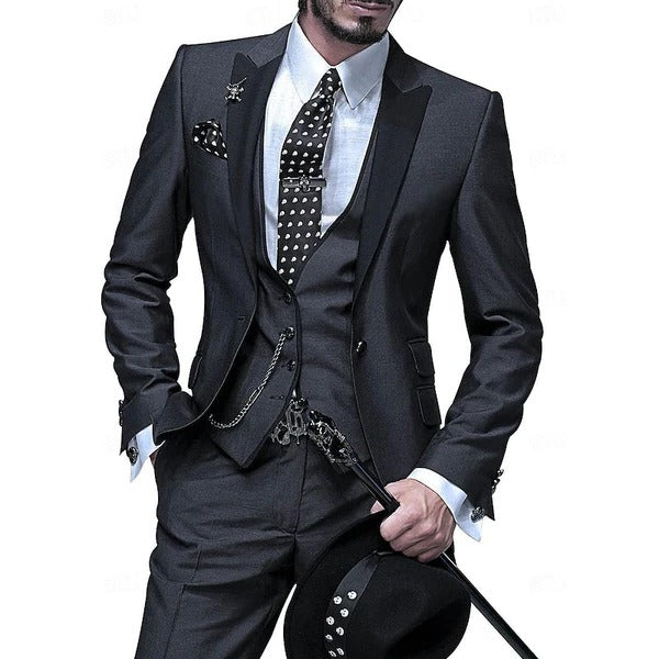 Men's three piece suit set with matching waistcoat - black