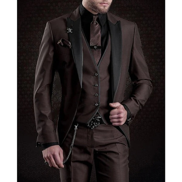 Men's three piece suit set with matching waistcoat - coffee